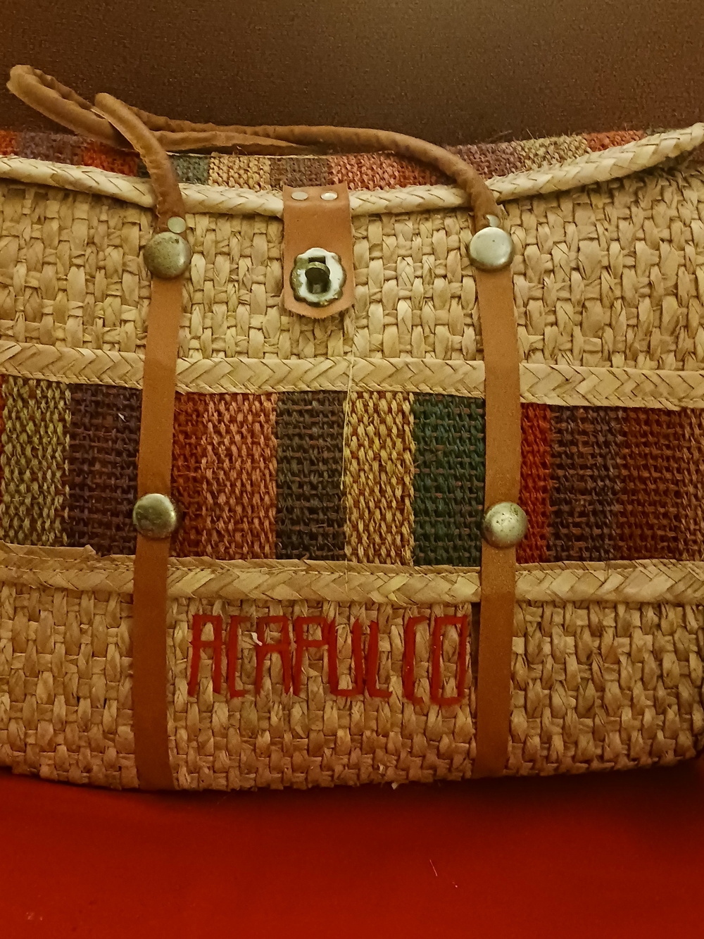 Woven Straw Tote Bag with Multicolor Stripe Detail